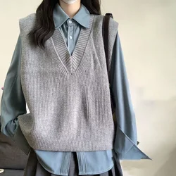 Spring Autumn Retro Fashion Layered Knitted Sweater Vest+blue Long Sleeve Shirt Casual Commuting Fashion Two Piece Set for Women