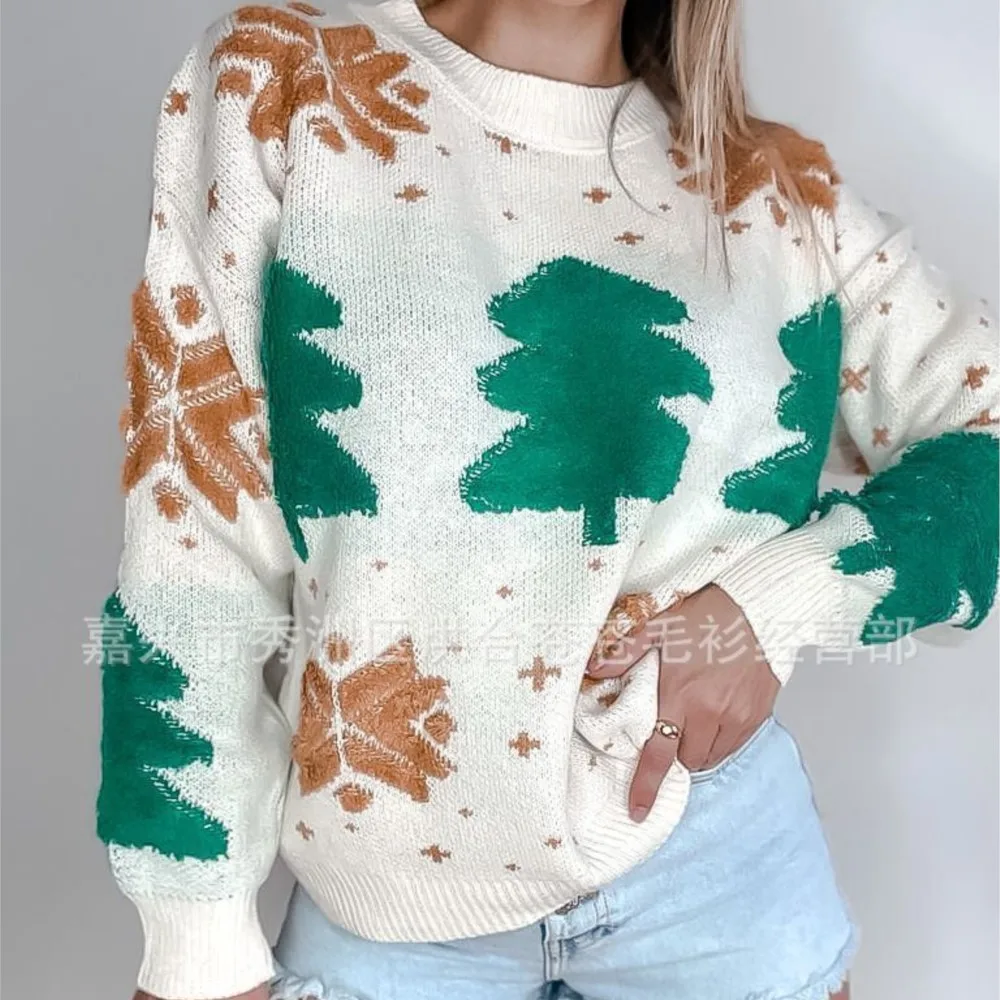 クリスマス冬服女性セータートップクリスマスツリーニットセータープルファムオールマッチルーズシンプルスタイル快適