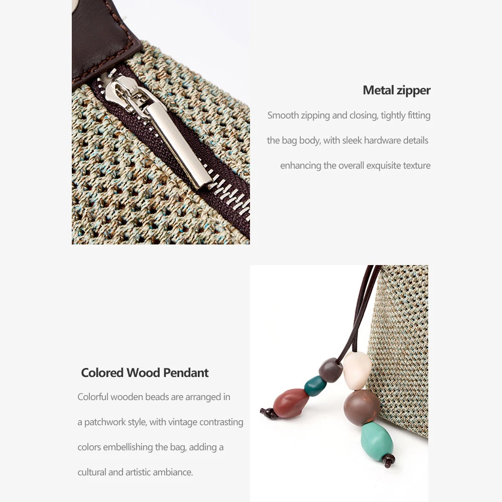 Women Woven Shoulder Bag Canvas Top Grain Cowhide Leather Trim Casual Crossbody Bag Bohemian Bead Pendant Underarm Handbag