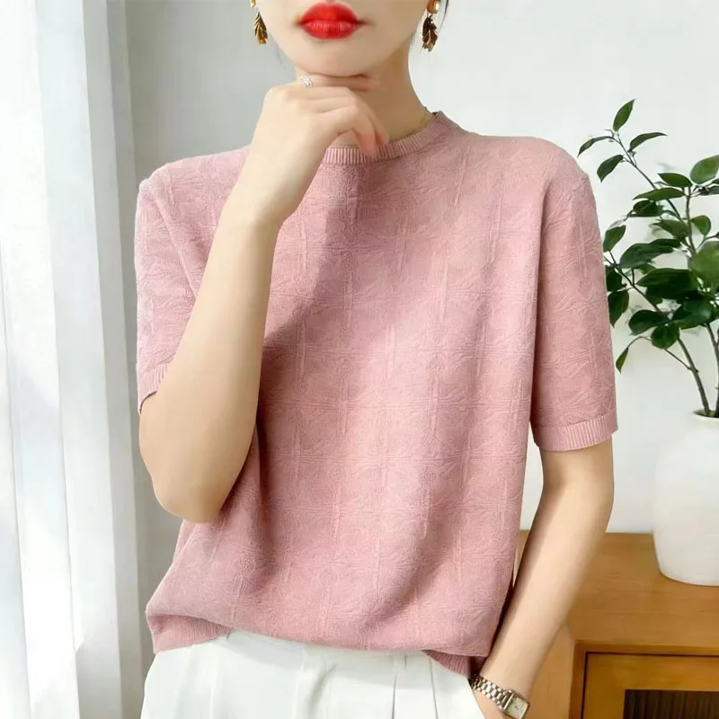 

2026 New Summer Short Sleeve Knitted Sweater Women Pullovers O-Neck White Knit Sweater Pullover Women Tops Sueter Feminino Q3668