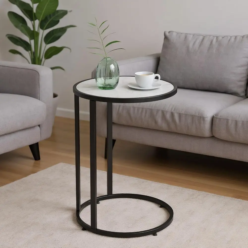 

C-Shaped Side Table with Wooden Top, Under-Couch Design for Snacks, Coffee, Laptops in Living Rooms and Bedrooms, Ideal for Smal