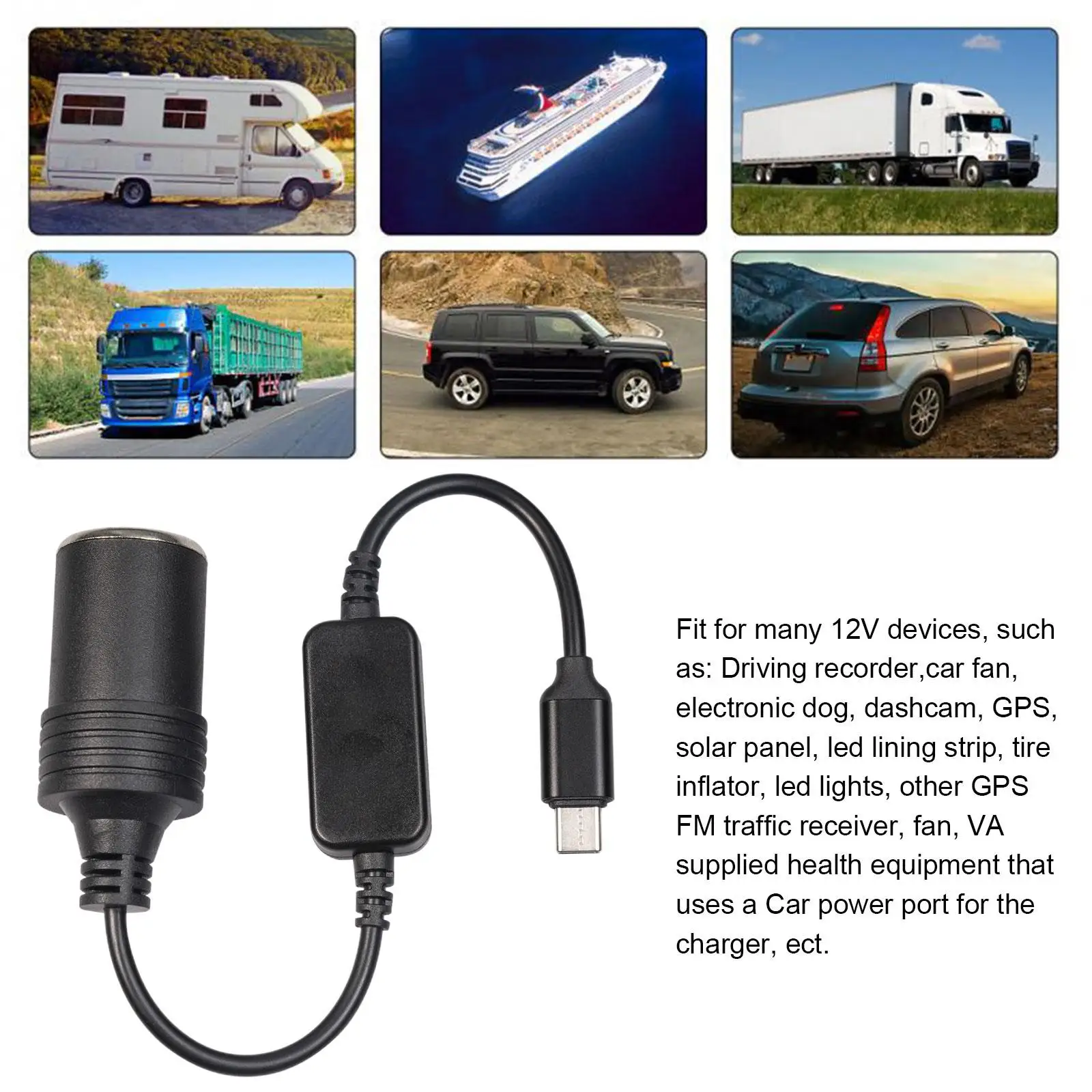 Type C Male To 12V Car Cigarette Lighter Socket Female Converter Cable12V USB-C Port Power Converter