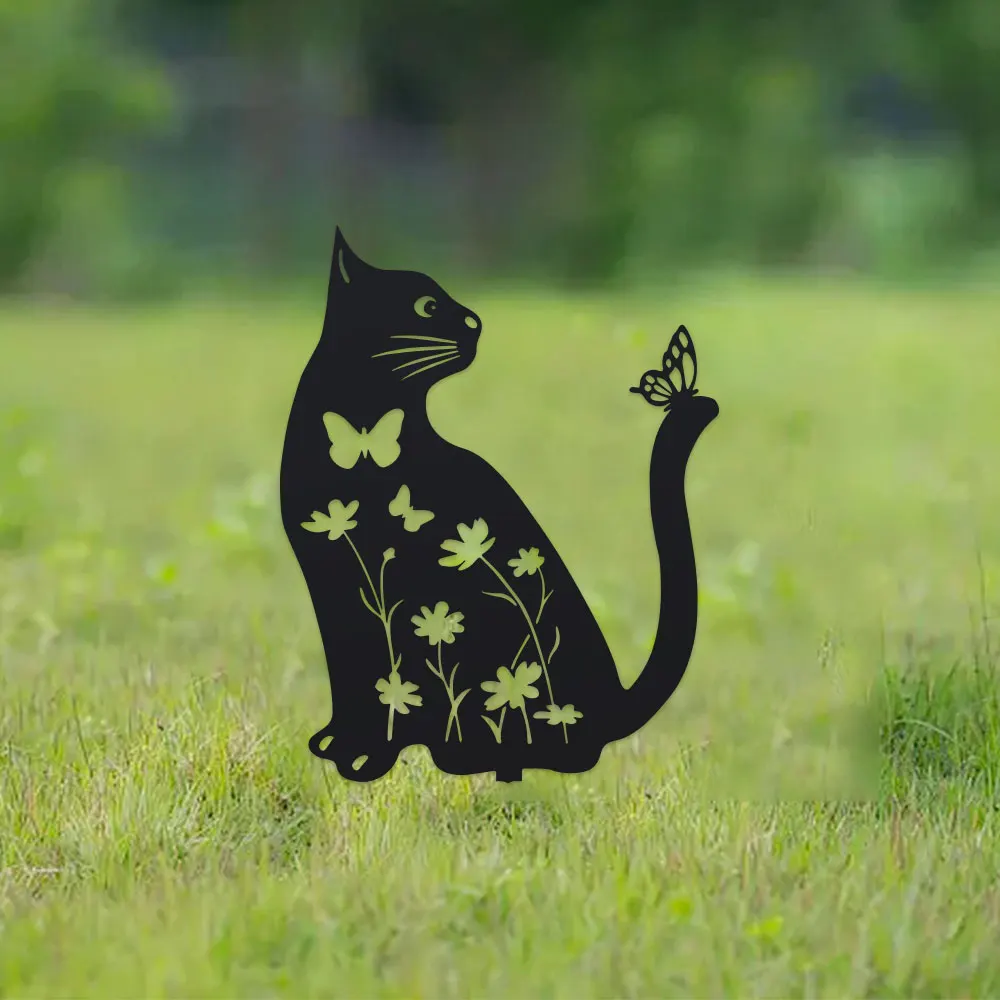 2D Flat 1pc Vintage Black Cat Garden Stake with Floral & Butterfly Carvings - Durable Plastic Outdoor Welcome Sign for Weddings