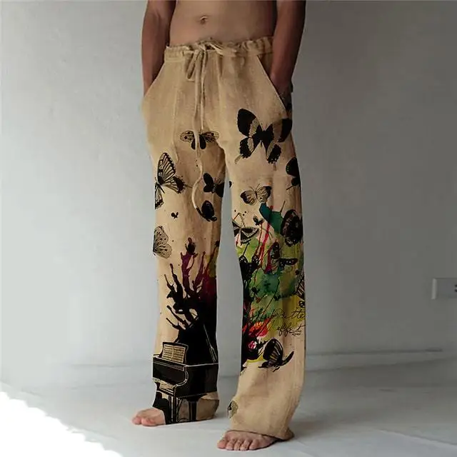 Cross border summer pants beach pants drawstring elastic waist 3D printed checkered pattern printed men's pants