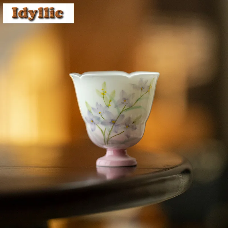 

2pc/lot Jade Mud Hand-painted Flower High Foot Teacup Zen Tea Bowl Jug Tea-tasting Meditation Cup Jianzhan Master Cups Cha 50ml