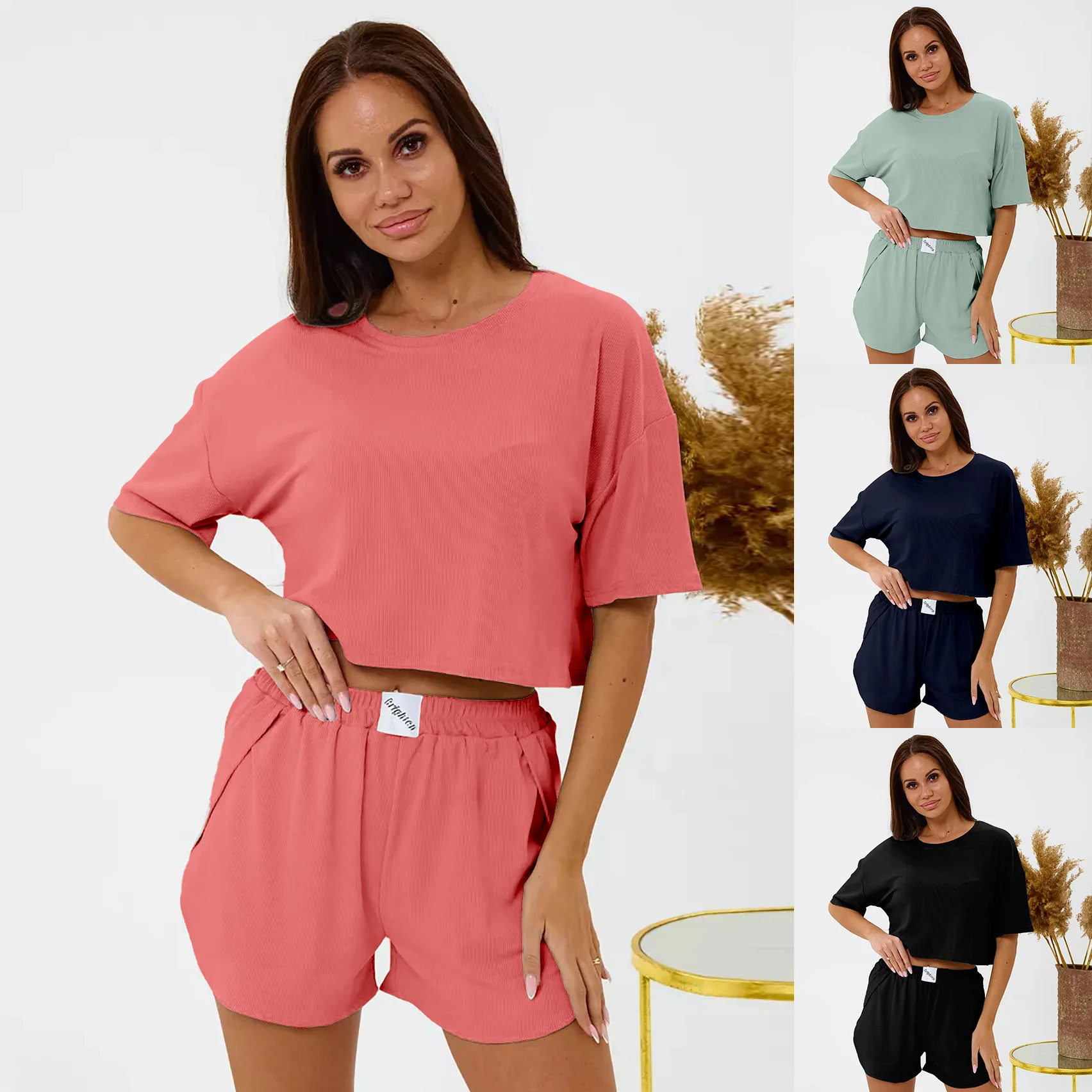 Summer Women Pajama Sets T-shirt+Shorts Two Pieces Suits Female Casual Loose Home Clothes Solid Color Nightwear Ladies Sleepwear