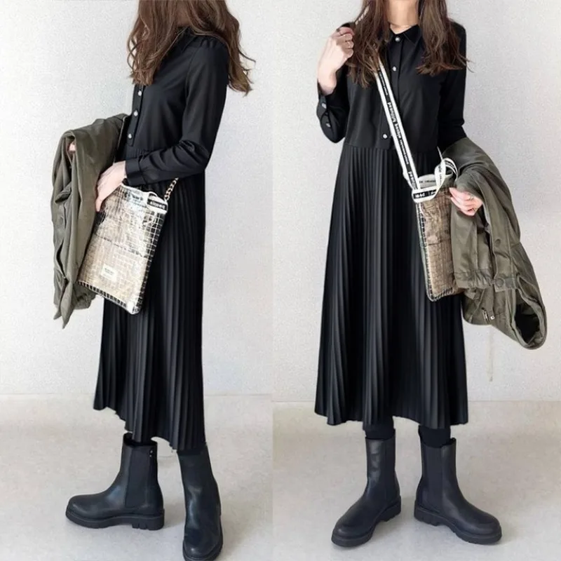 

Spring Autumn Long-sleeved Turn-up Collar Shirt Dress Pleated Panels Women Clothing Design Loose Dresses Vestidos Vintage Dress