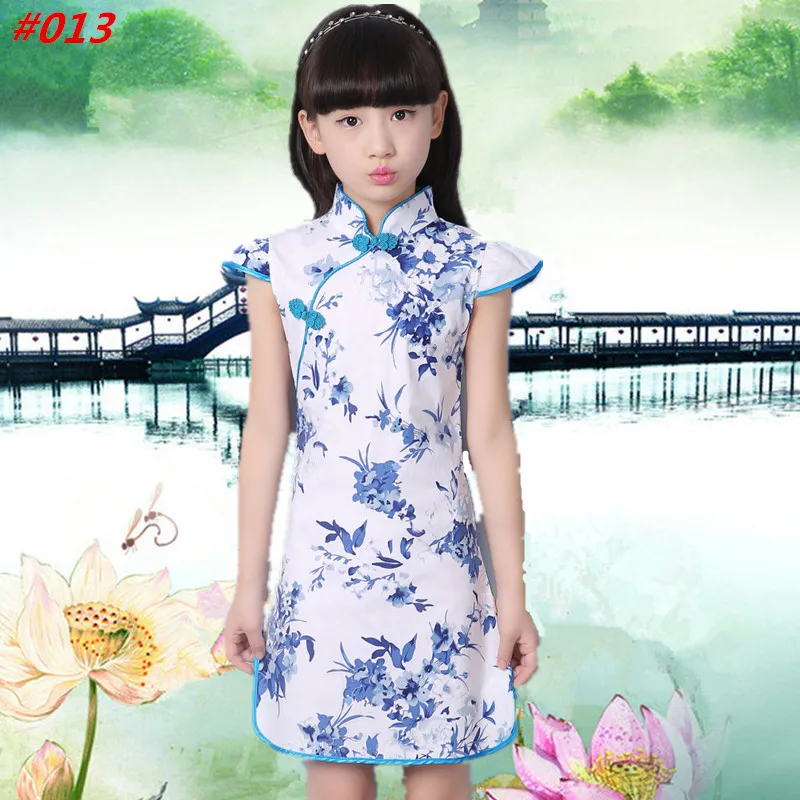 Qipao Blue and white Porcelain Children Girls Chinese Cheongsam Floral Peacock Lapel Summer Bamboo Printing Dress