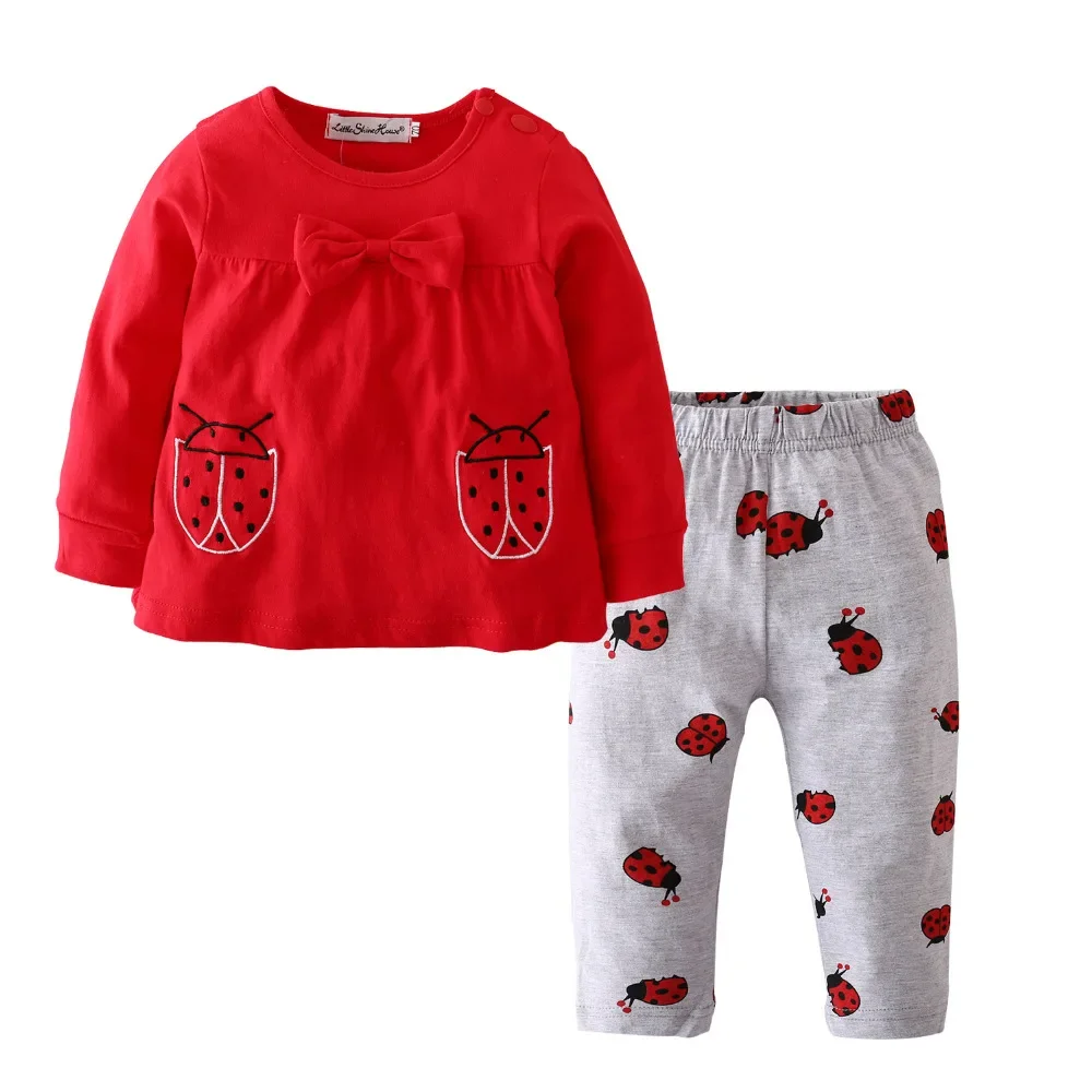 infant Toddler Baby Girl Long Sleeve Clothes Set Casual O Neck Top + Pants with Ladybug Pattern 2PCS Newborn Outfit