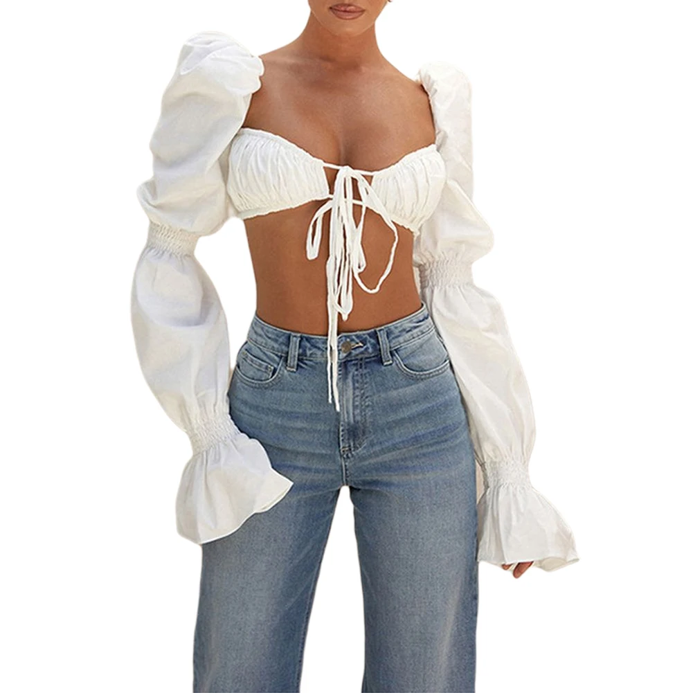 French Lace-up Long Sleeve Crop Top For Women's 2023 New Vintage White Square Collar Blouse Tops Female