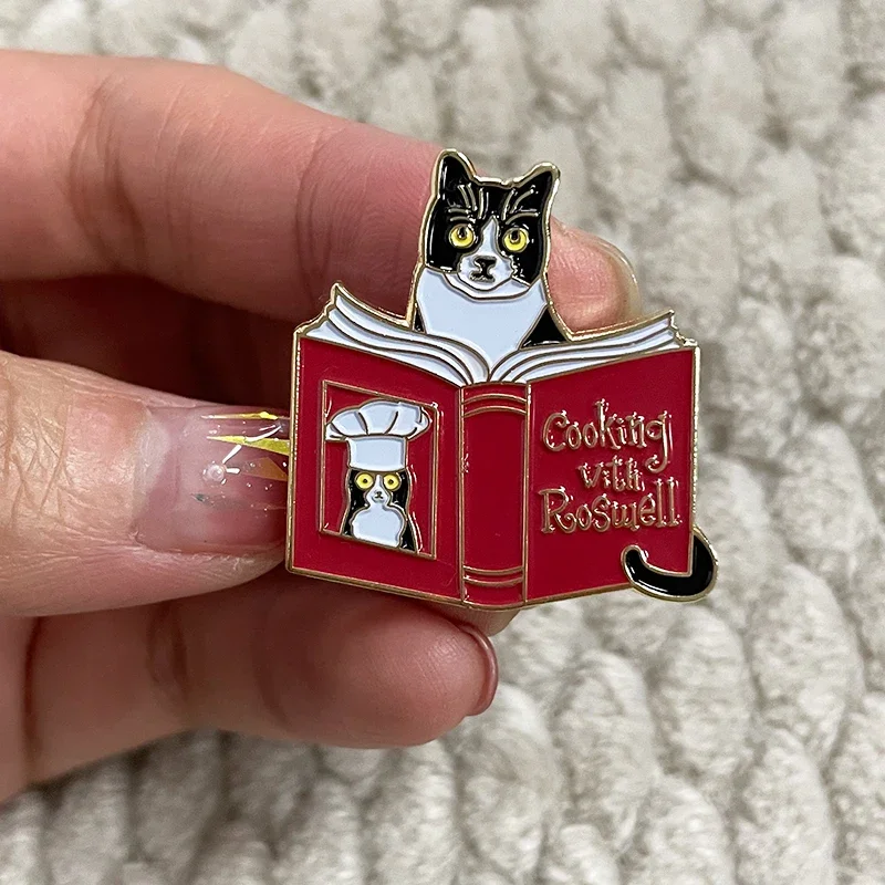 Cooking with Roswell Book and Tuxedo Cat Wearing A Chefs Hat Enamel Pin Backpack Decoration Jewelry