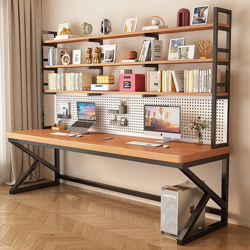 

Solid wood computer desk desktop home hole board bookshelf integrated table double