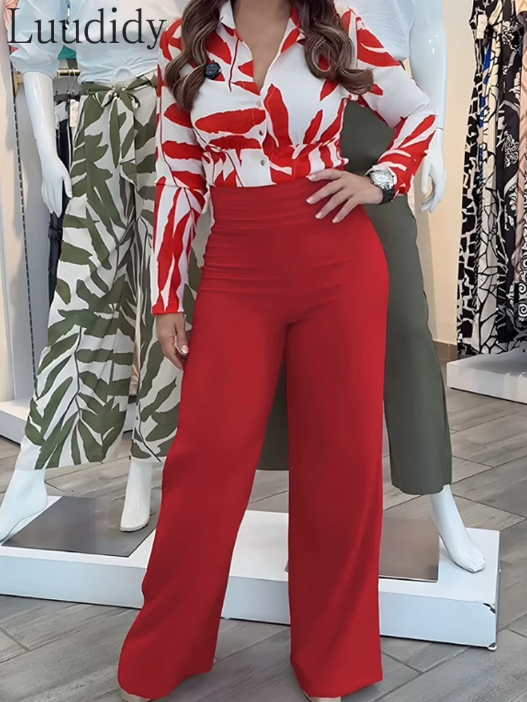 

Floral Print Turn-down Collar Long Sleeve Blouses and Casual High Waist Zipper Pants Set