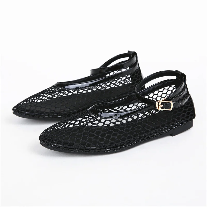 Hollow Out Mesh Mary Jane Shoes sandali estivi stringati da donna punta tonda Shallow Flat Ballet Single Shoes sandali Casual da donna