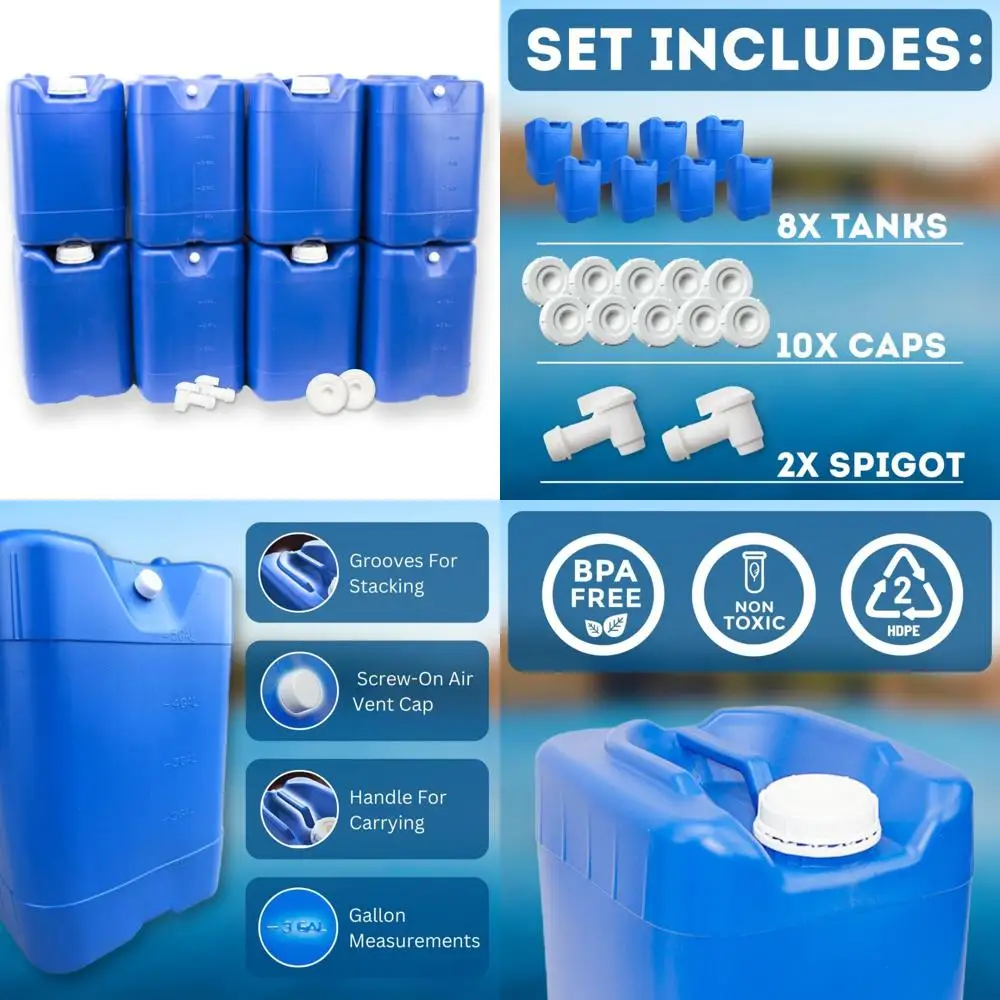 Contenitori per acqua impilabili da 5 galloni con coperchi e rubinetto, facile riempimento, ideali per il campeggio e l'archiviazione di emergenza