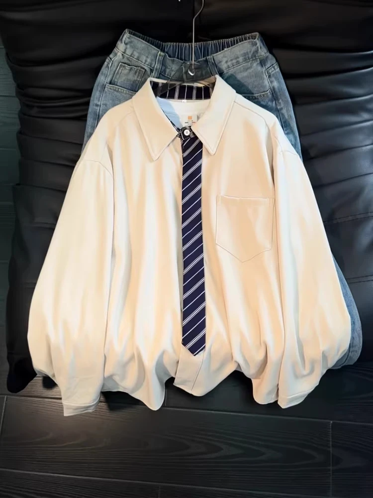 

White Patchwork irt Men's Spring Season High-End Feeling Layering Long Sve Fake Tie Collar Vintage American College Sl...
