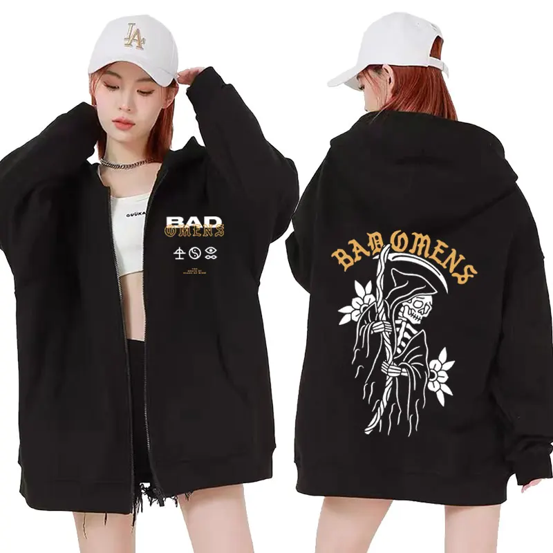 Bad Omens Band Music Tour 2023 Zip Up Hoodie Retro 90s Men Hip Hop Zipper Hooded Male Fashion Loose Sweatshirt Jacket Streetwear