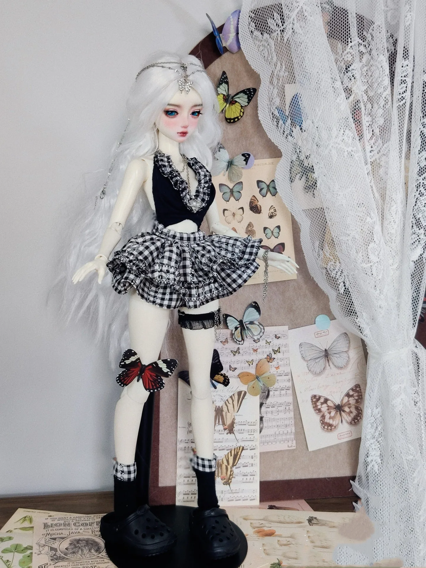 

Модная одежда для куклы 1/3 1/4 1/6, юбка-помеля, топ на шнуровке, черный клетчатый комплект, юбка