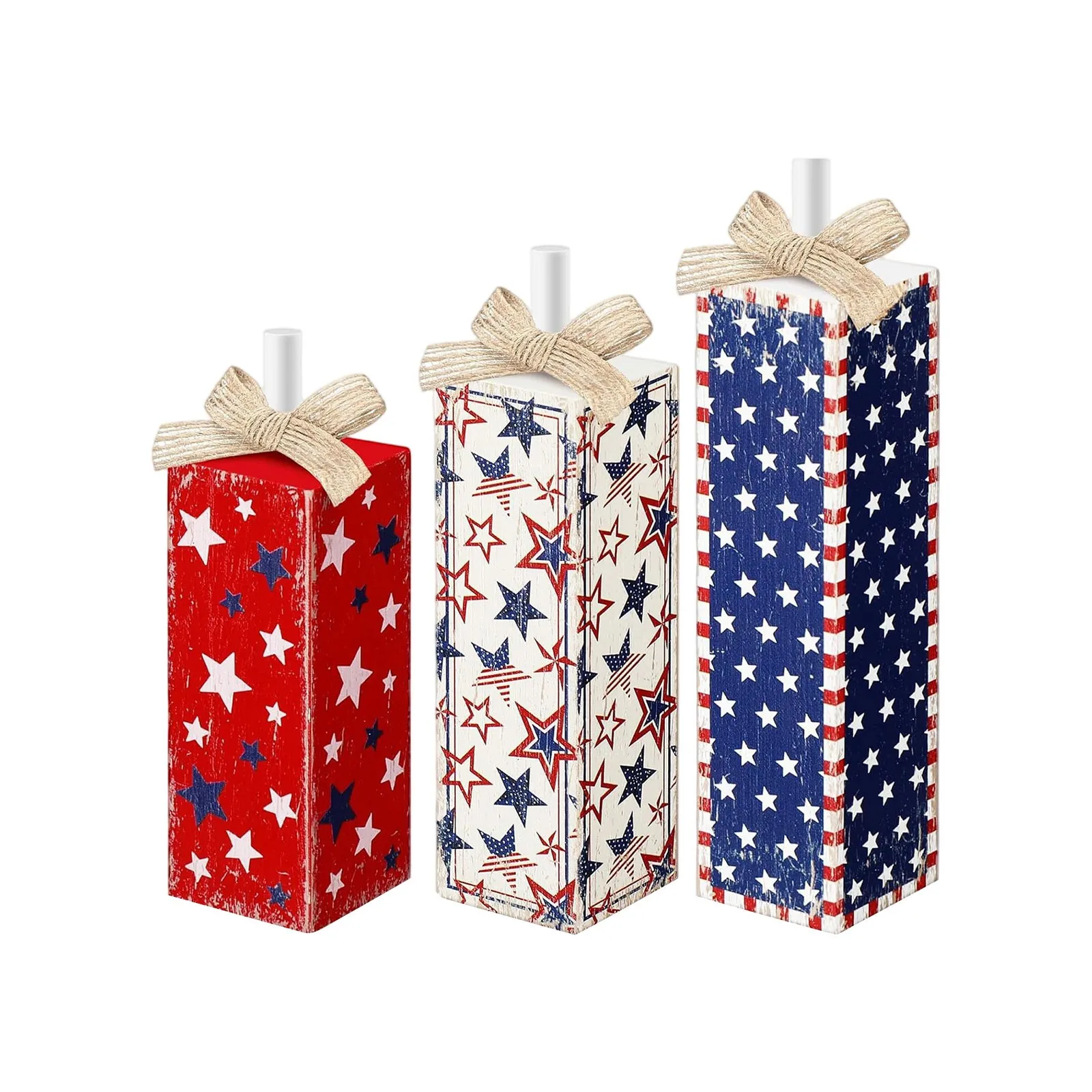 4th Of July Patriotic Wooden Pillar Decorations American Flag Star Firework Style Tabletop Signs Independence Day Rustic Tiered