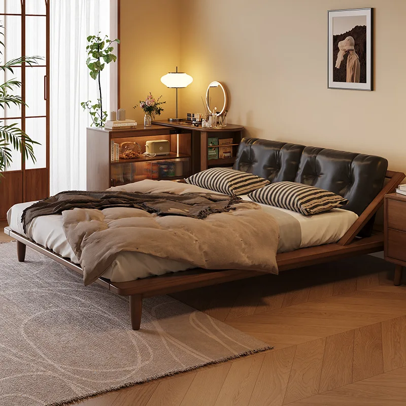 

Small apartment home Nordic retro walnut tatami double bed