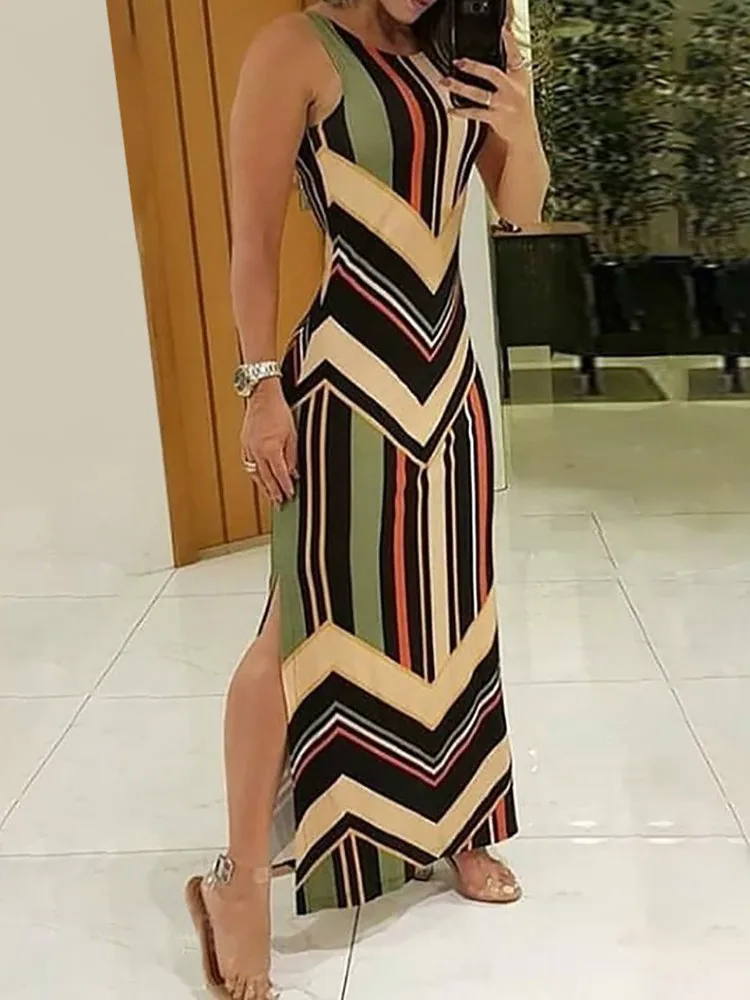 Colorful Striped Print Side Slit Maxi Dress Women Colorblock Sleeveless Slim Long Dresses