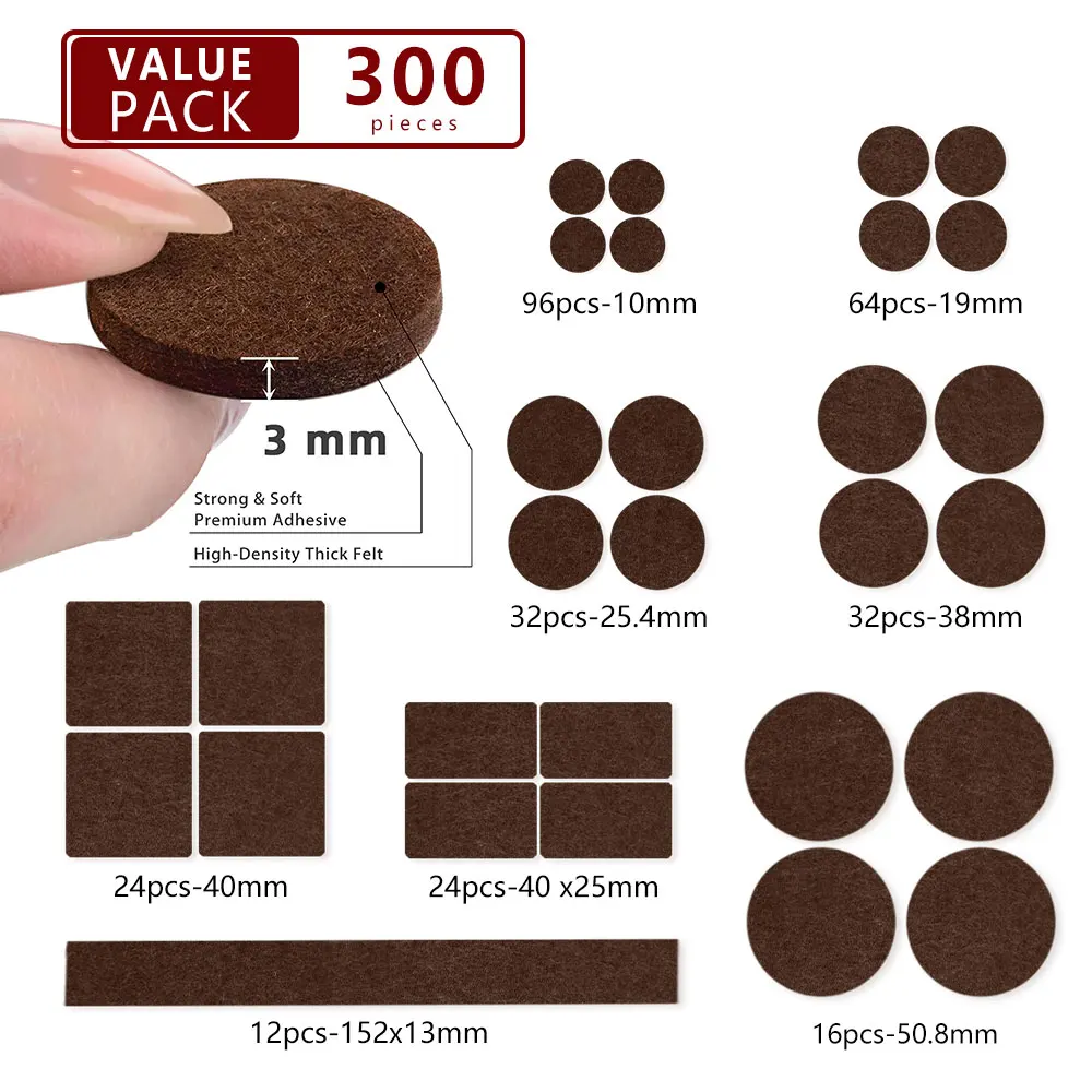 300PCS-Felt Chair Leg Pads, Value Pack of Various Sizes,Felt Furniture Pads for Protecting Hardwood Floors,Self Adhesive