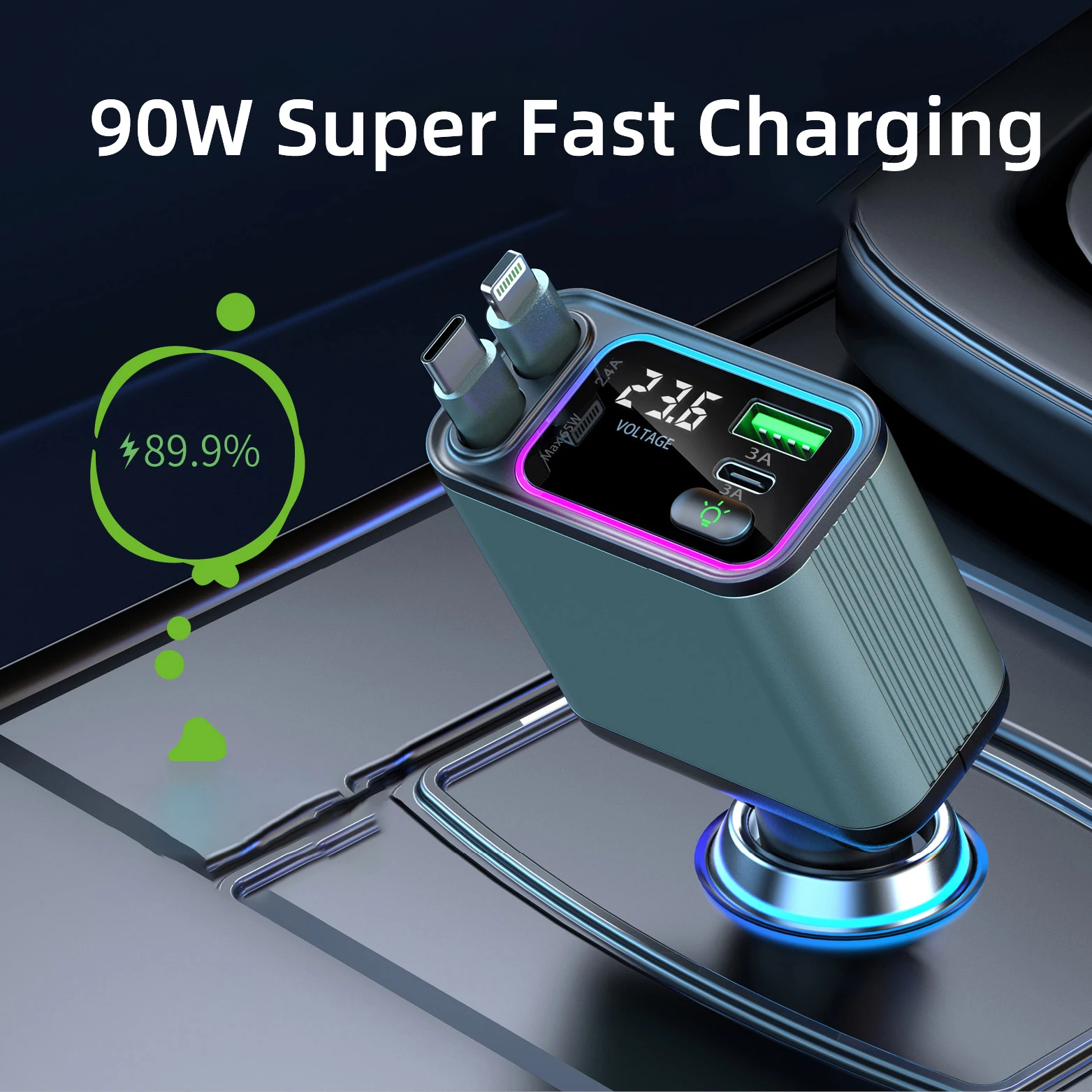 4in1 telescopic car charger with super fast charging 90W cable and 2 USB ports PD65W car adapter voltage display ambient light