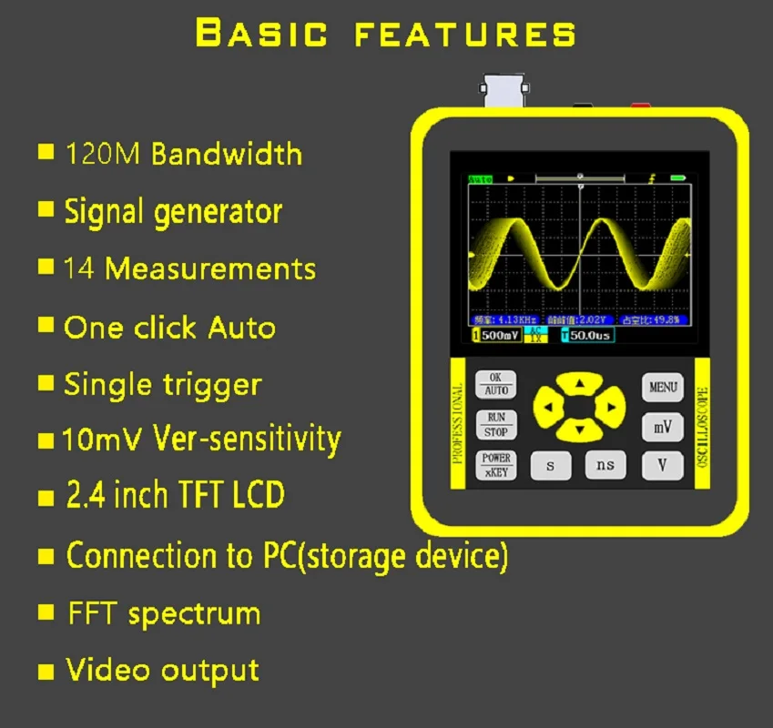 DSO1511G Mini Digital Oscilloscope 120M 2.4 Inch Screen 120MHz Analog Bandwidth Support Signal Generator FFT Handheld Multimeter