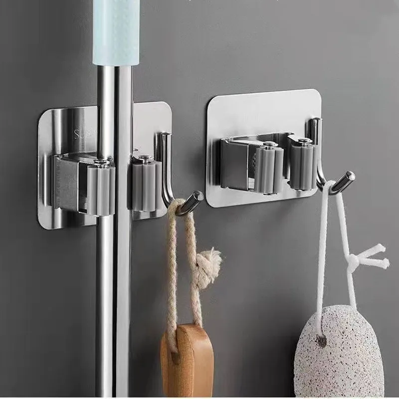 1/2pc Stainless Steel Mop Clip Holder Hook Bathroom Storage Rack Adhesive Wall-mounted Mop Storage Rack Waterproof Broom Hangers