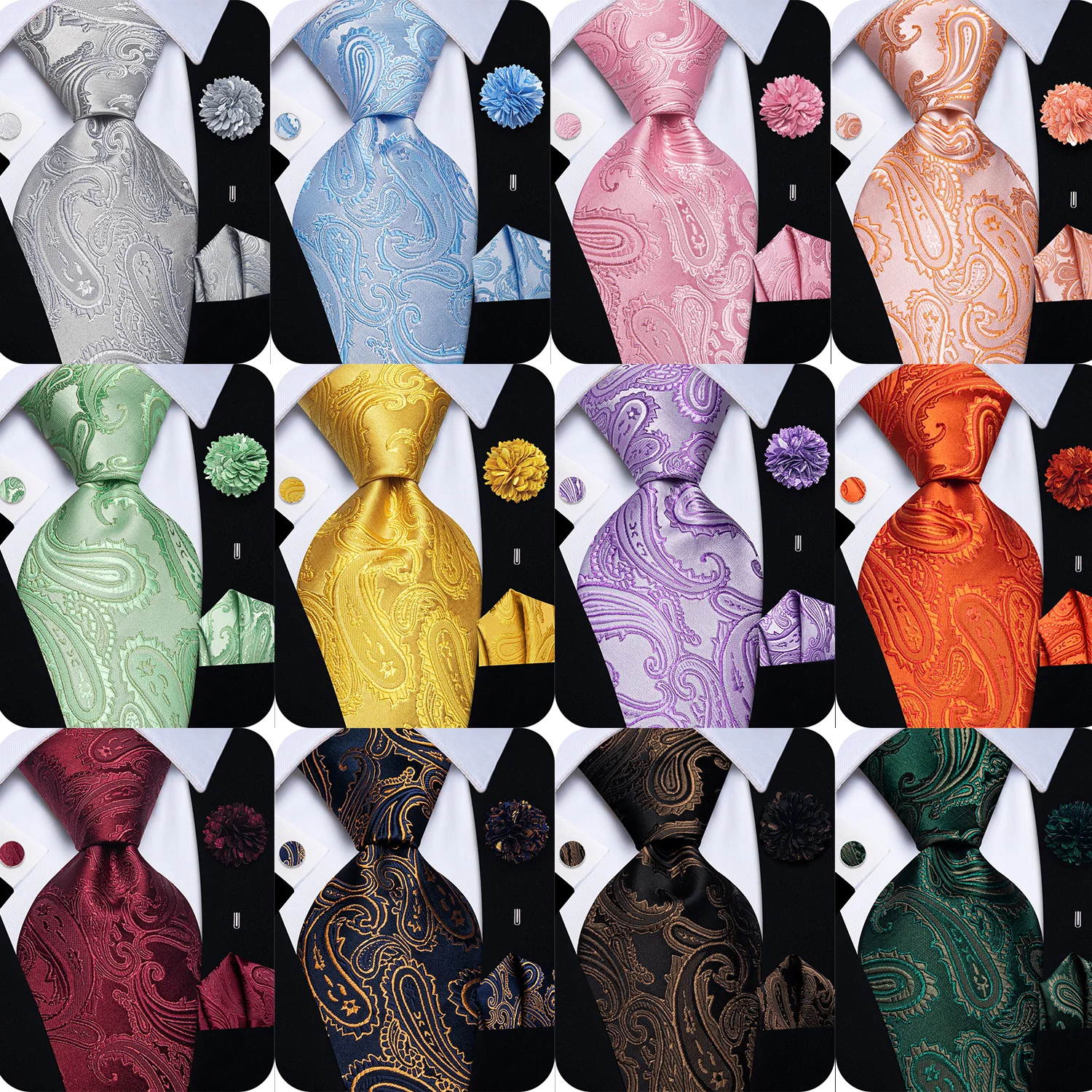 Classic Jacquard Paisley Necktie 4PCS Set for Men Tie Pocket Square Cufflinks Boutonniere Formal Wedding
