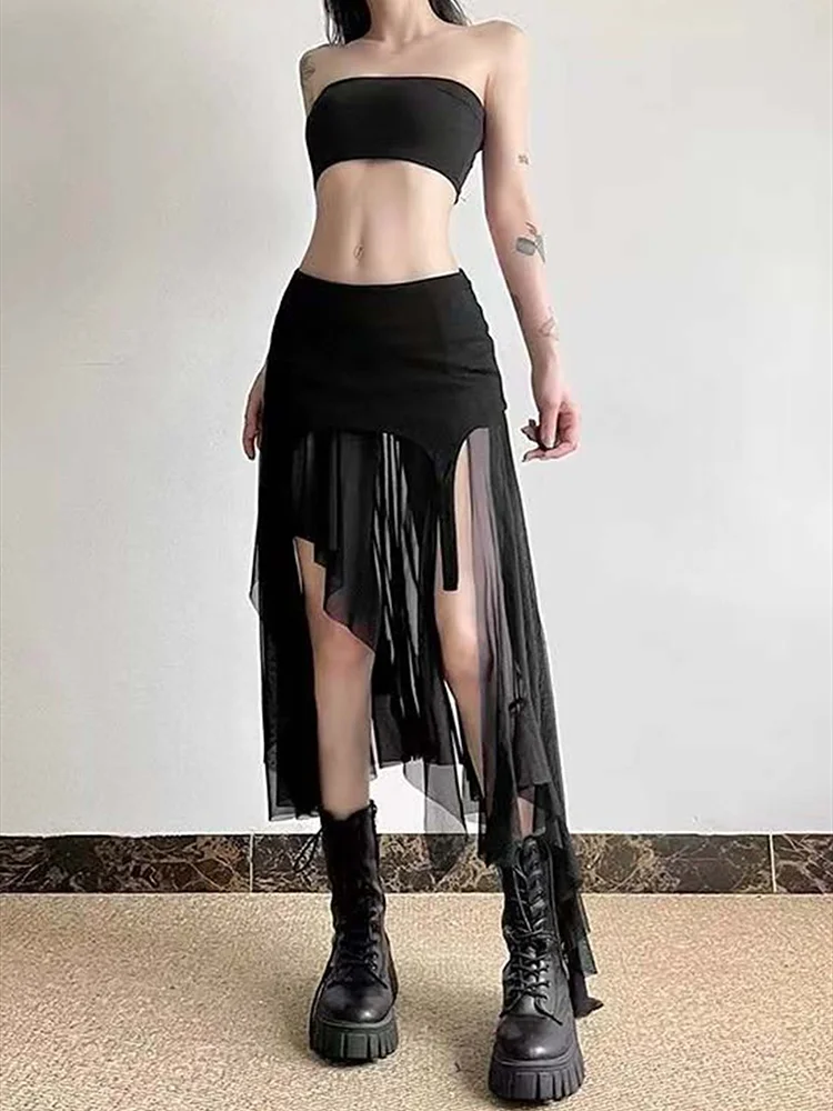 2025 Irregular Mesh Skirt for Women Y2k Hot Girl Style High-waisted Ruffled Skirt Slim Fit Vintage Fashion Female Clothing