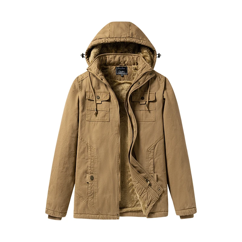 

Parkas Coat Military Windproof Hooded Jackets Man Washed Cotton Thick Fleece Casual New Winter Warm Varsity Jacket Men