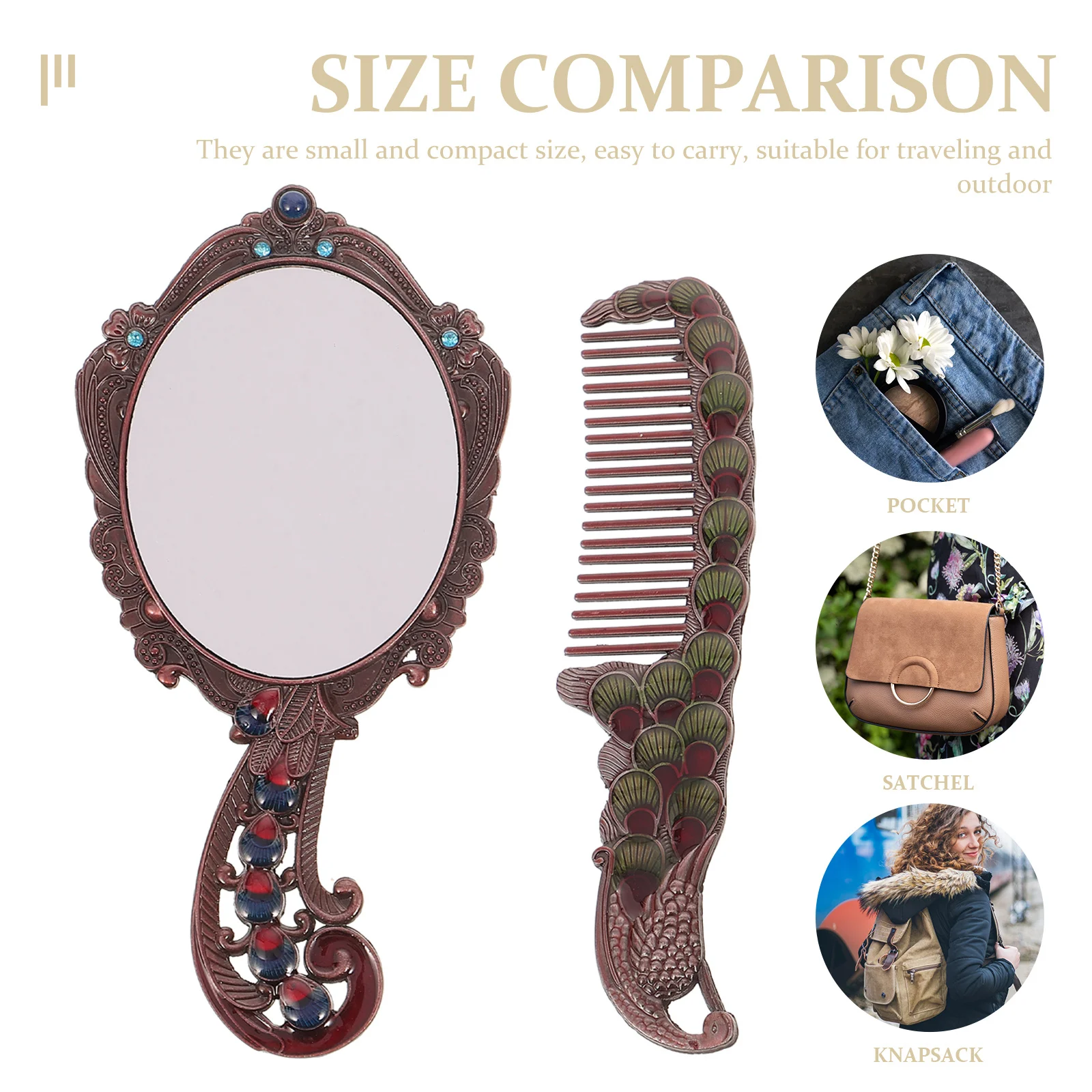 1 ensemble de miroir de maquillage Vintage et peigne, accessoires de commode portables pour voyage, école, salle de sport