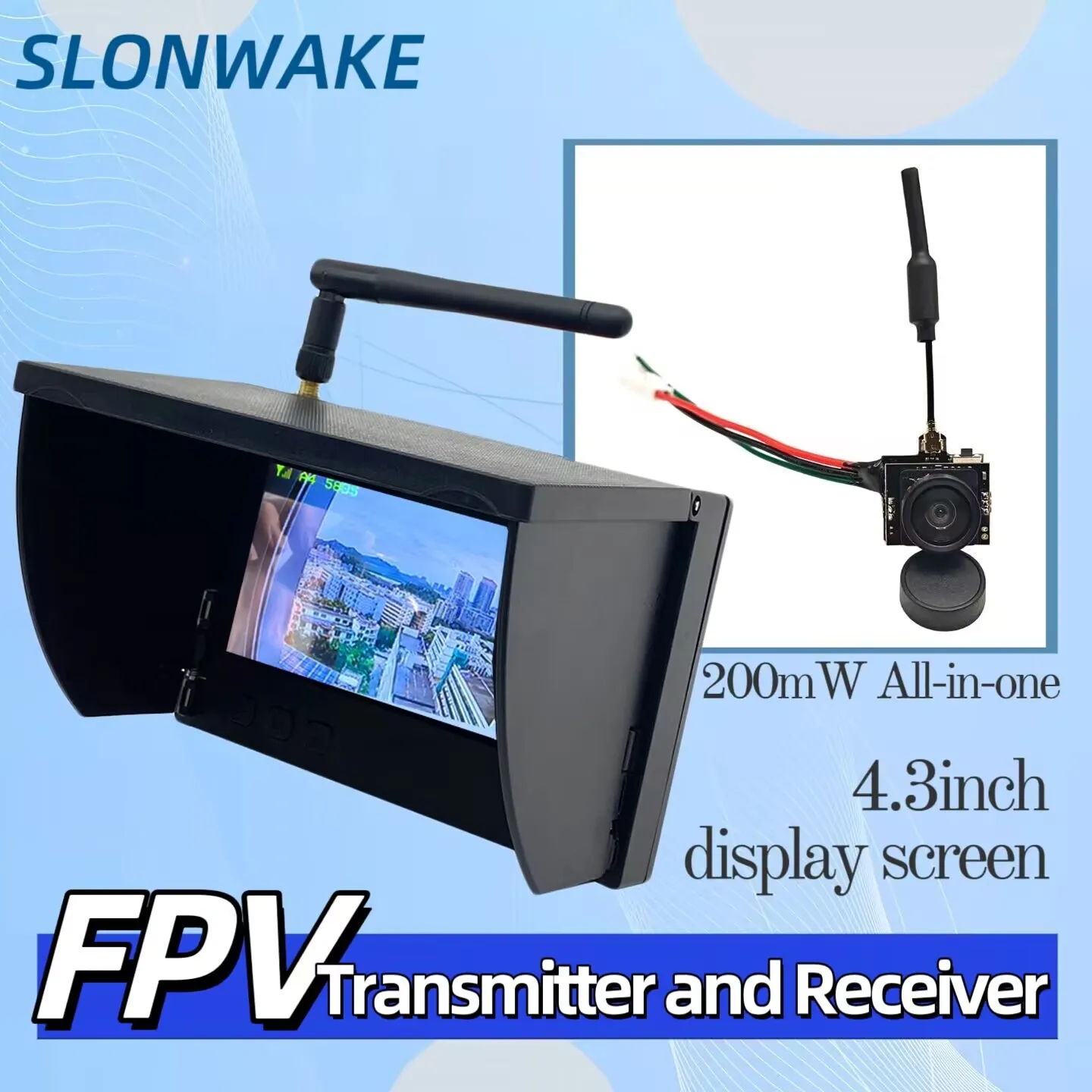 

SLONWAKE 5.8G Analog Video Transmission Camera 200mW All-in-One,WIth a FPV 4.3inch display screen for FPV RC Model Racing Drone.