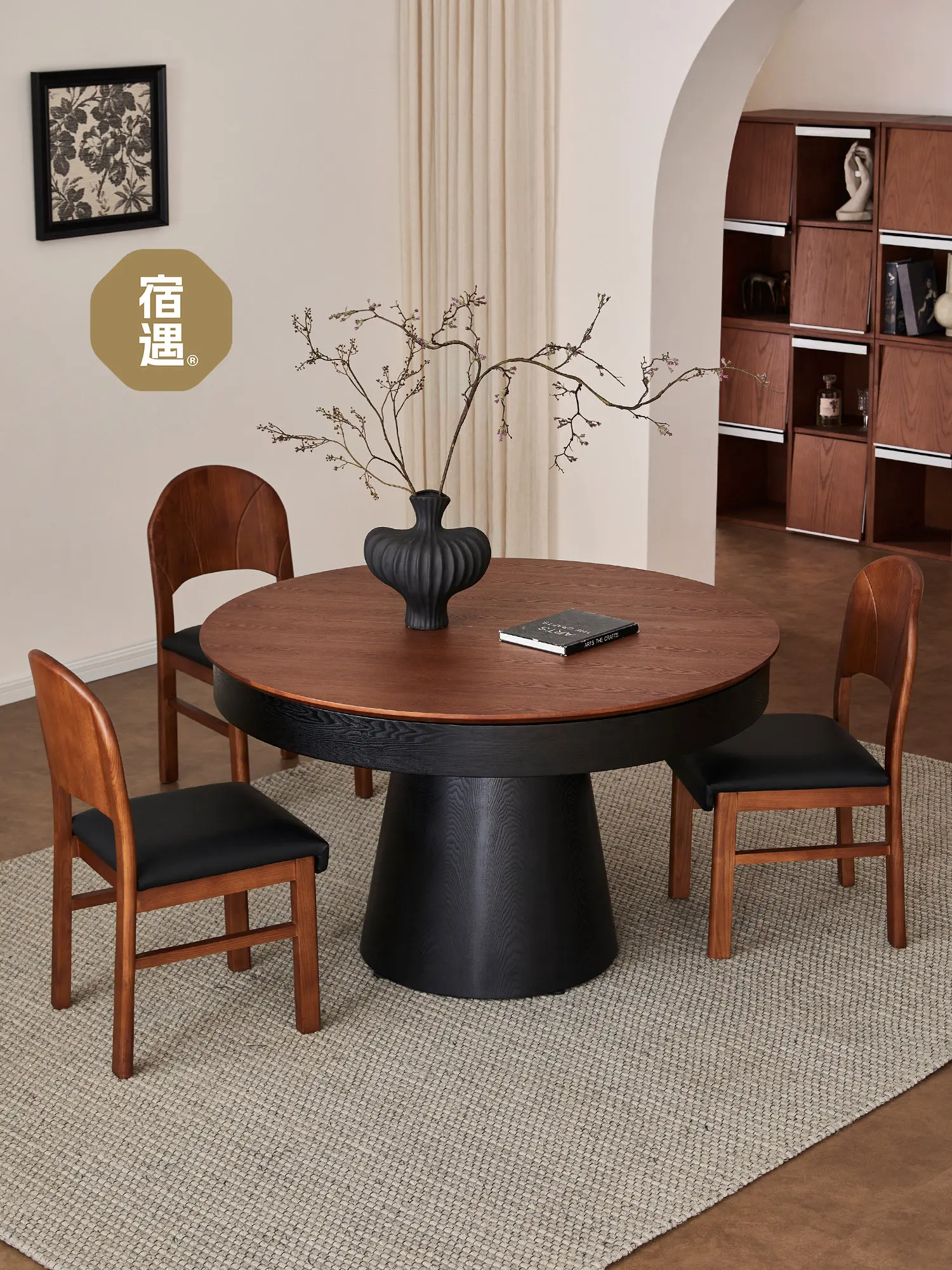 Round table rotating telescopic deformation antique household 10 people round Fletcher all solid wood dining table and chairs