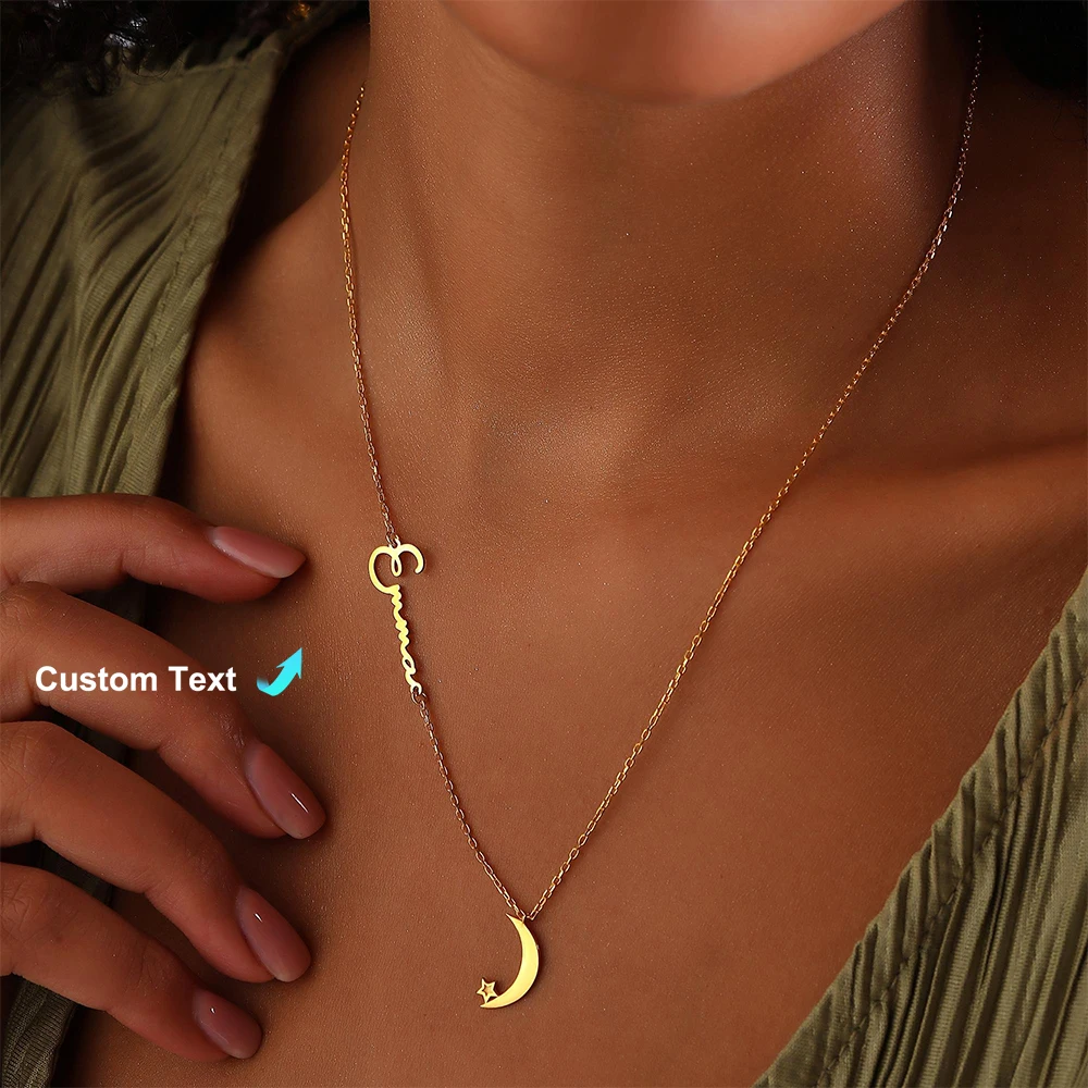 

Customized Crescent Moon Name Necklace Stainless Steel Personalized Name Necklace Star Crescent Moon Charms Waterproof Jewelry