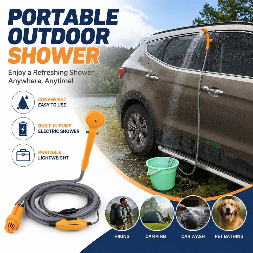Portable 12V Electric Car Shower for Outdoor Camping Self-Driving RV Wash System with 15M Hose 9.5ft Power Cable