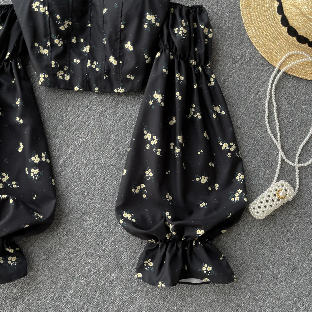 Spicy Girl One Shoulder Strapless Long Sleeved Shirt with Backless Sweet Print Short Style Temperament Top