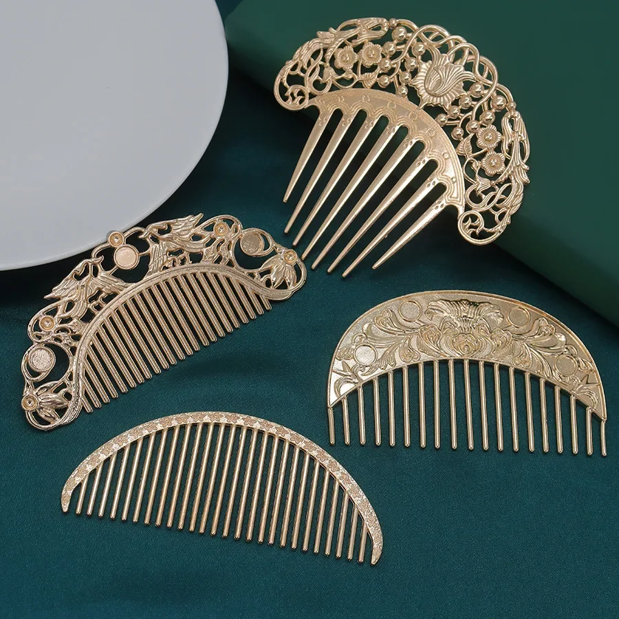 New Chinese Hairpin Retro Hair Comb Hanfu Dish Hairpin Hair Ornament Hollow Carved Comb Gold Ornament Metal Comb