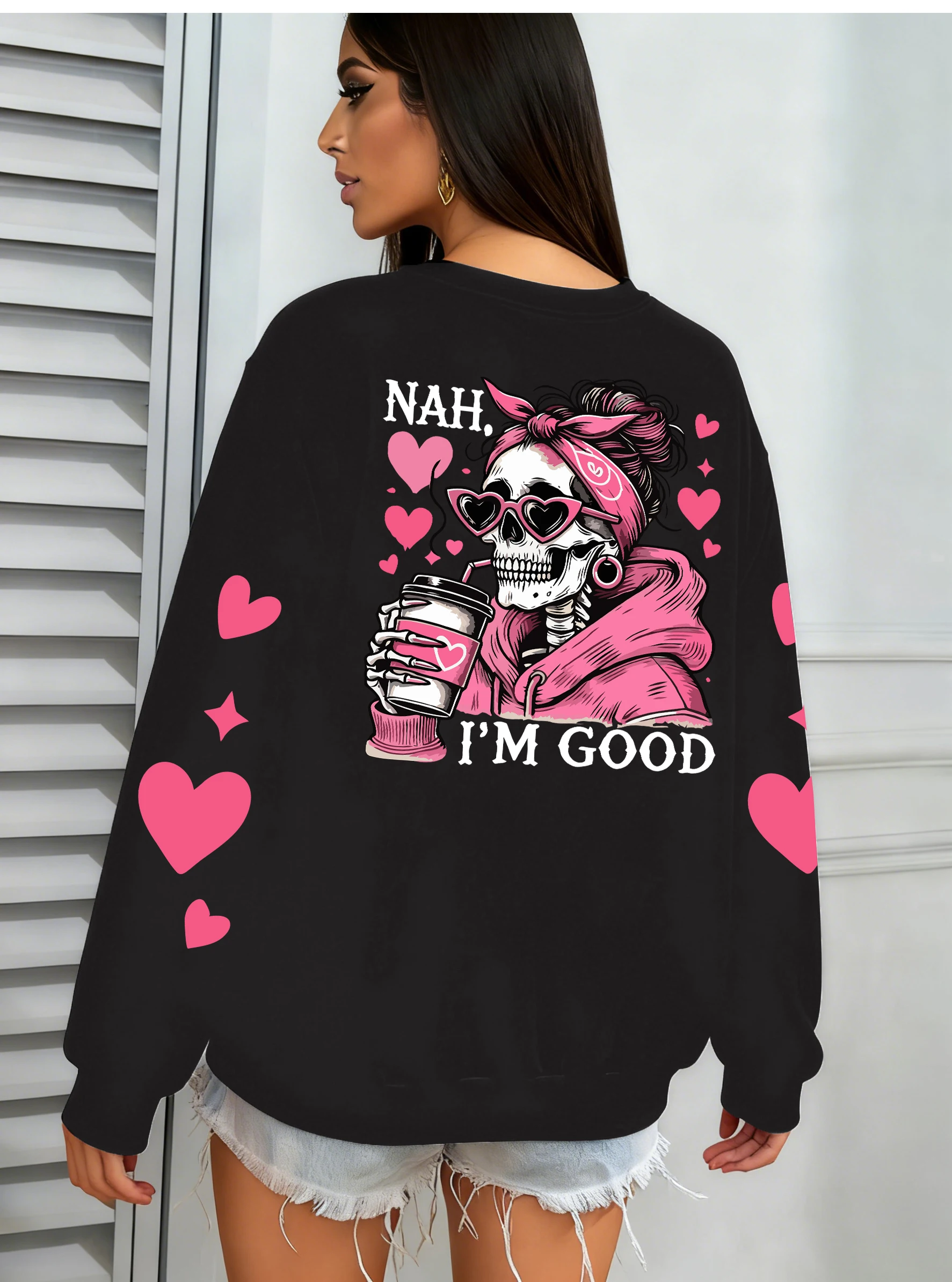 I'm Good Coffe Skull Heart Design Women Sweatshirt Autumn Y2K Sportswear Crewneck Hip Hop Clothes Fleece Jogging Pullovers