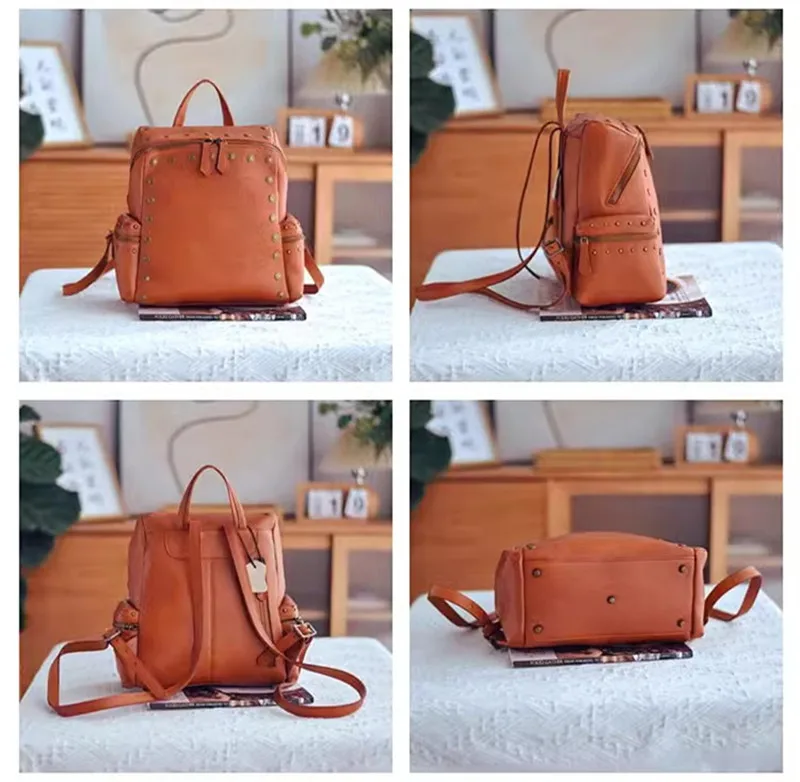 Fashion vintage designer handmade genuine leather women's backpack outdoor travel natural real cowhide female rivet bookbag