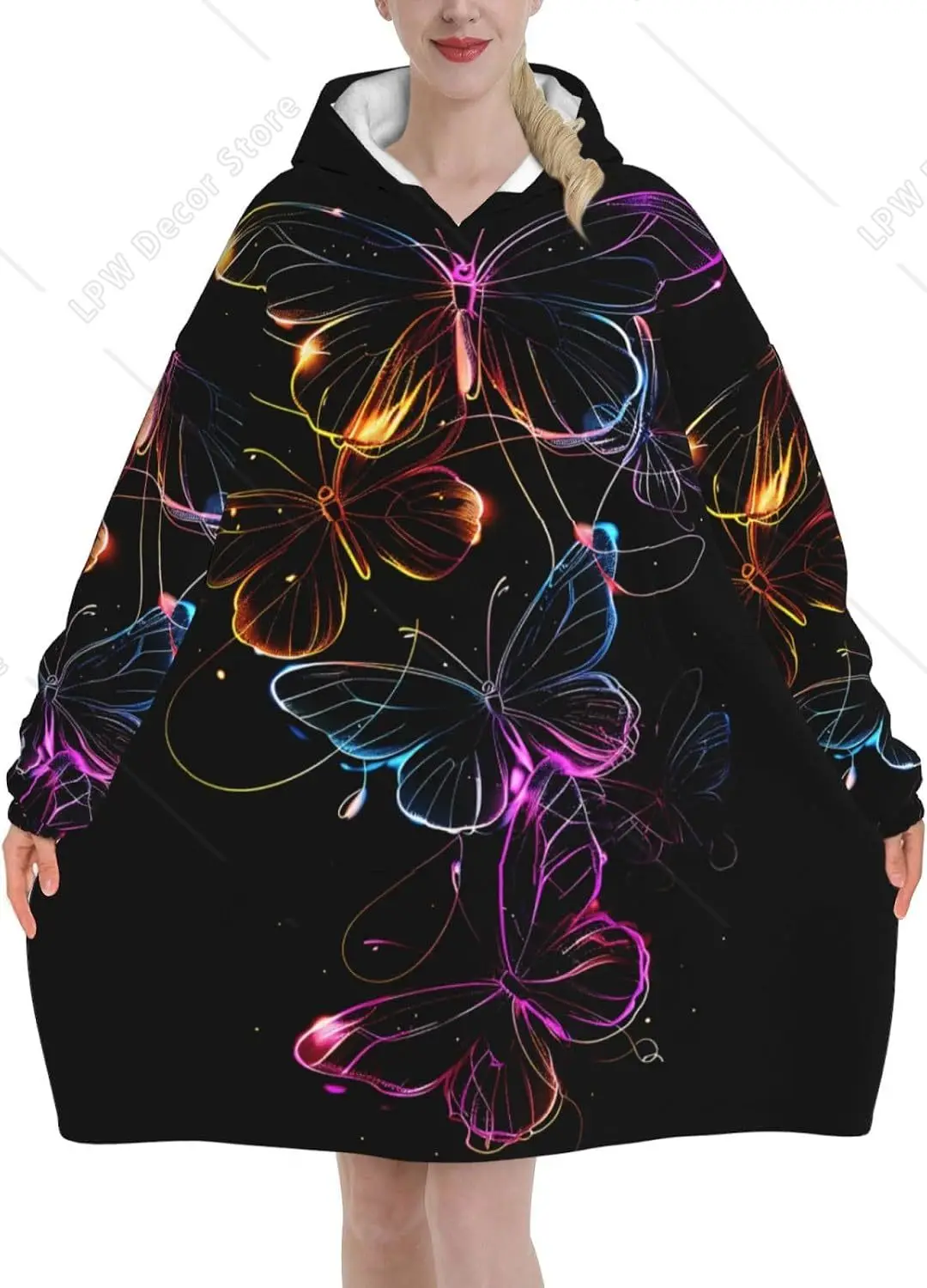 Black Glowing Neon Butterfly Print Hooded Wearable Blanket Adult Flannel Hooded Blanket Sweatshirt, Soft Warm With Pockets