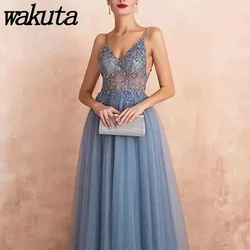 Wakuta Sexy Sleeveless Perspective V-Neck Long Vestidos with Stylish Slim Fit Split Party Dress Formal Party Evening Gowns 2024