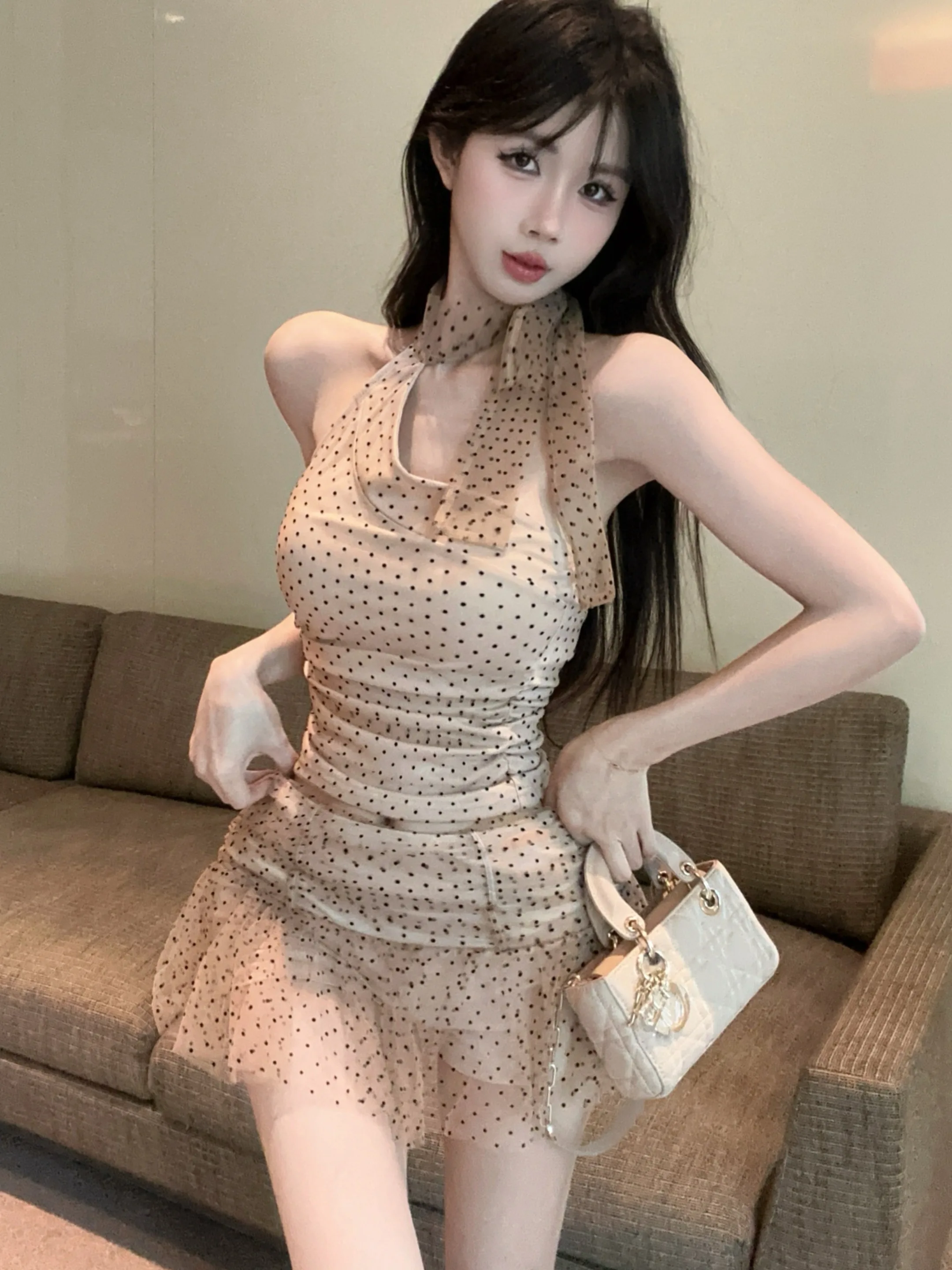 

Summer New Style Women's Polka Dot Halter Vest Skirt Two-Piece Set Slimming Waist Design Vacation Outfit Short Length Fit
