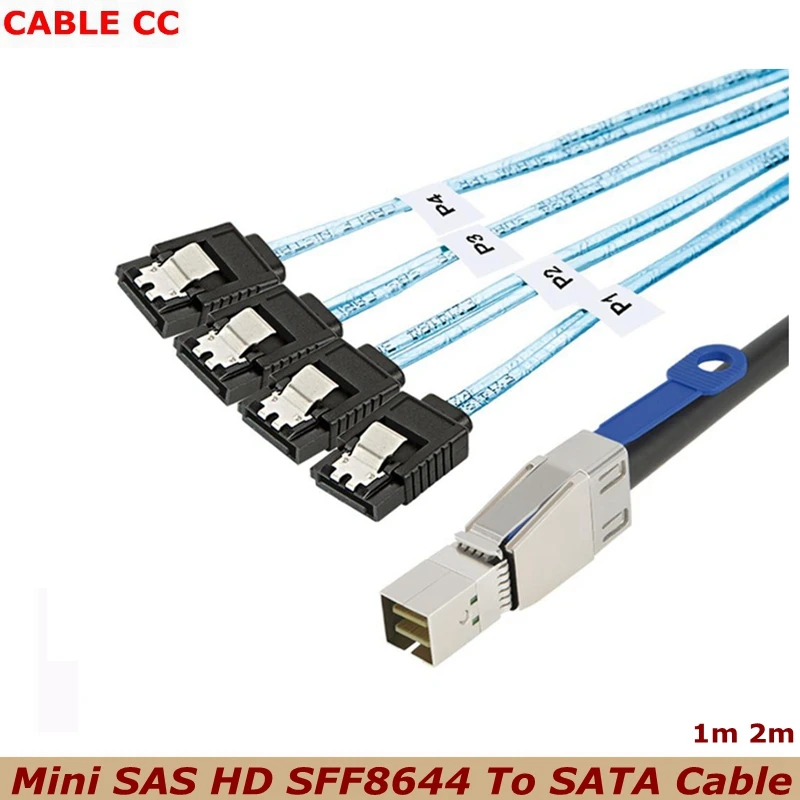 100cm New Mini SAS HD SFF8644 To SATA Cable 4 port 7Pin, Mini SAS HD SFF-8644 to 4 SATA 7pin 12GB for Hard Disk Data Server