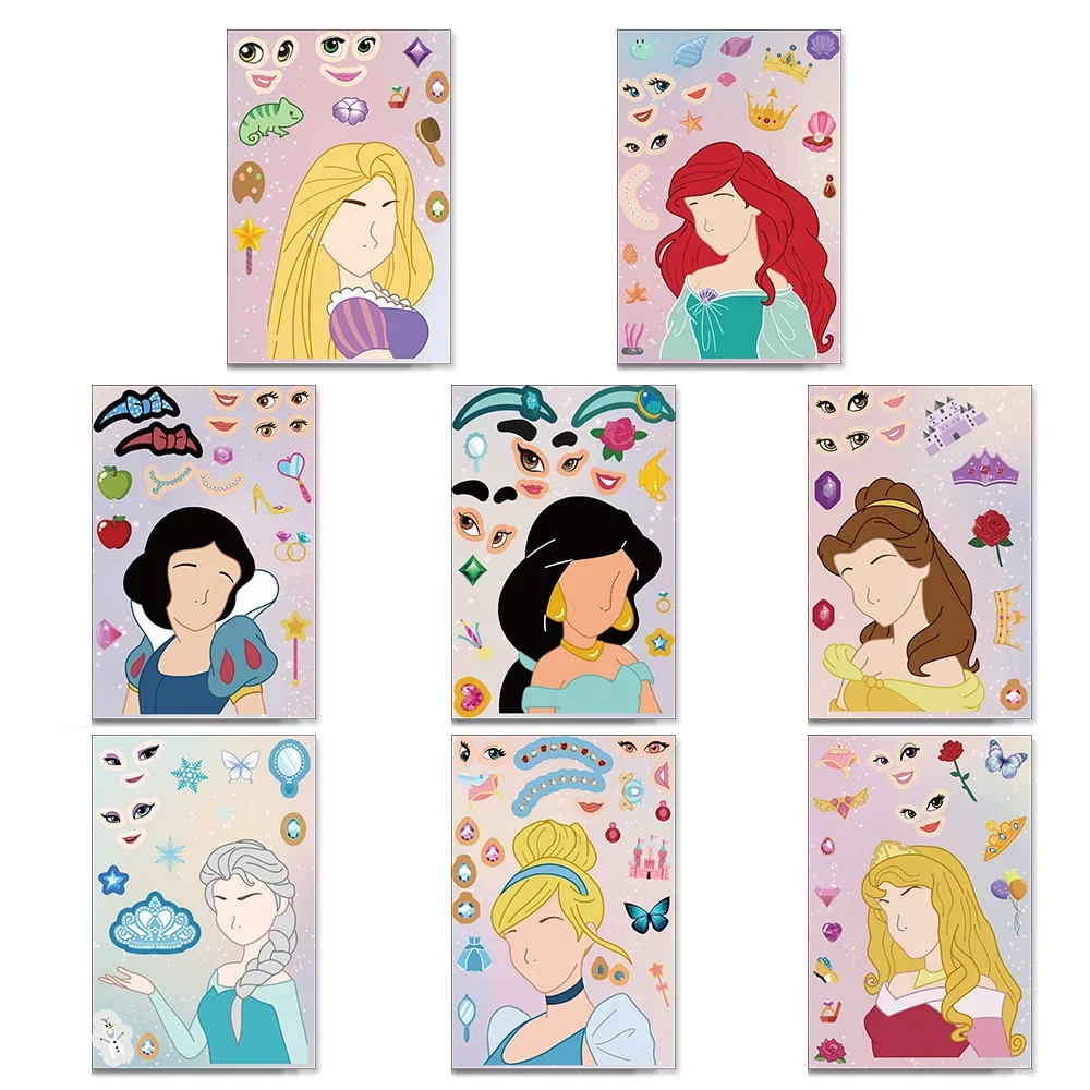 8pcs Disney Princess DIY stickers, perfect for girls' handmade crafts, cute cartoon stickers, DIY gifts, fun dress-up stickers