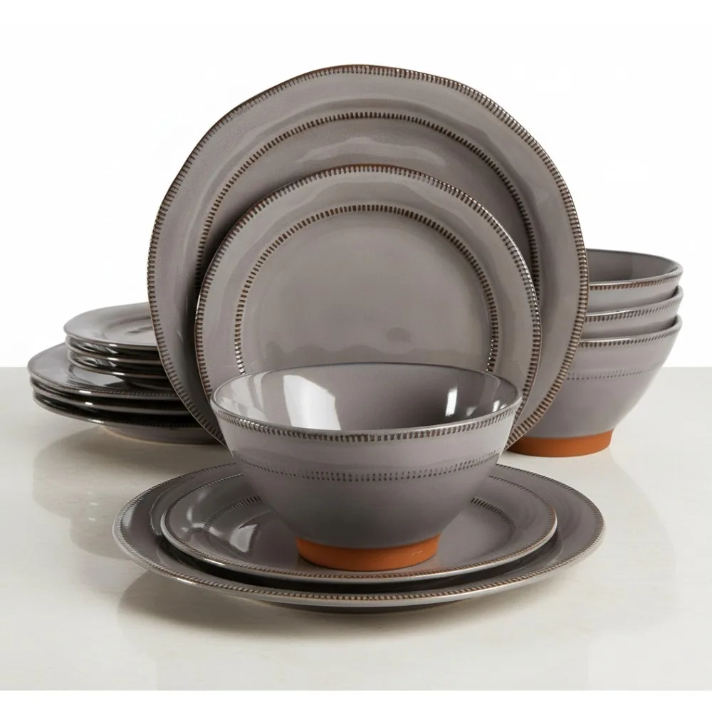 

Terranea Round Reactive Glaze Terra Cotta Dinnerware Set, Service for Four (12pcs), Grey - Rustic & Unique