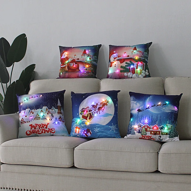 Funda de cojín LED de Navidad, cubierta de cojín de Papá Noel, decoración de luces de hadas, muñeco de nieve de dibujos animados