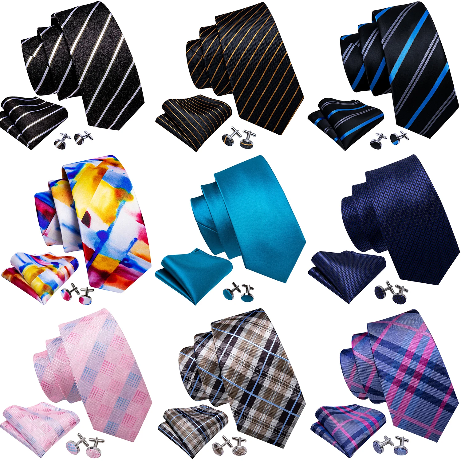 Barry.Wang مخطط الشيكات الصلبة الحرير رجل التعادل المنديل مربع أزرار أكمام مجموعة ربطة العنق الجاكار عادية الذكور الزفاف الأعمال