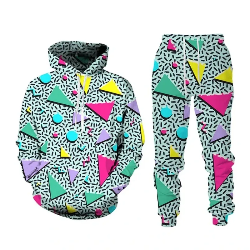 

Men's Casual Sportswear Two-piece Set, 80s and 90s Retro Geometric 3D Printed Hooded Pants Set